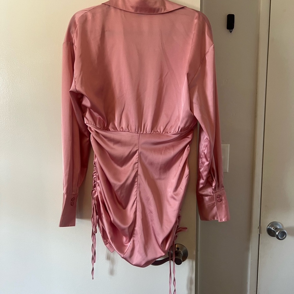 Pink Ruched Button-Up Shirt Dress - Picture 2 of 3